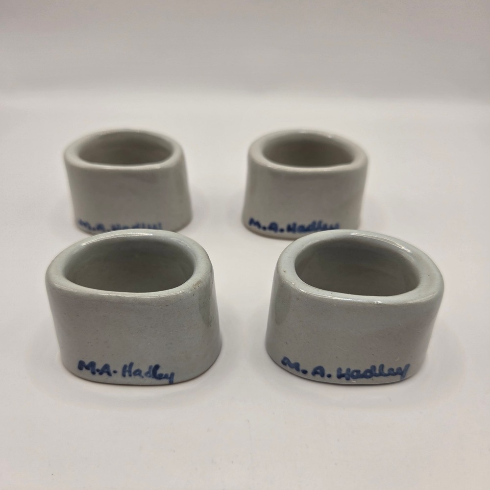 Set 4 M.A. Hadley Hand-Painted Stoneware Napkin Ring- Farmer, Woman, Cow, House - Picture 4 of 4